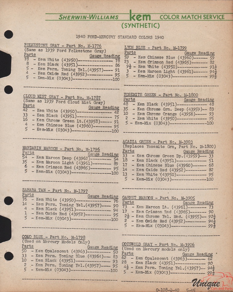 1940 Ford Paint Charts Sherwin-Williams 3